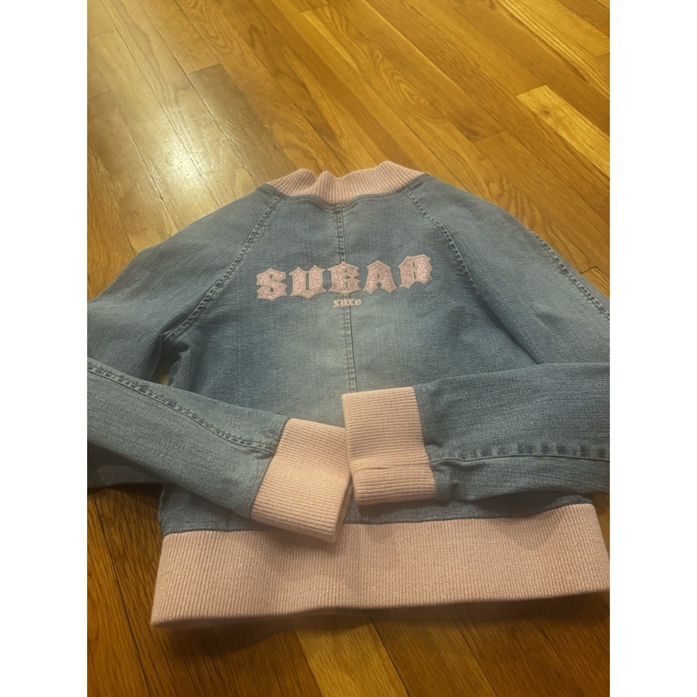 Vintage XOXO Girls Denim Jacket Pink Trim XOXO Sugar On Back Youth M‎ Y2K